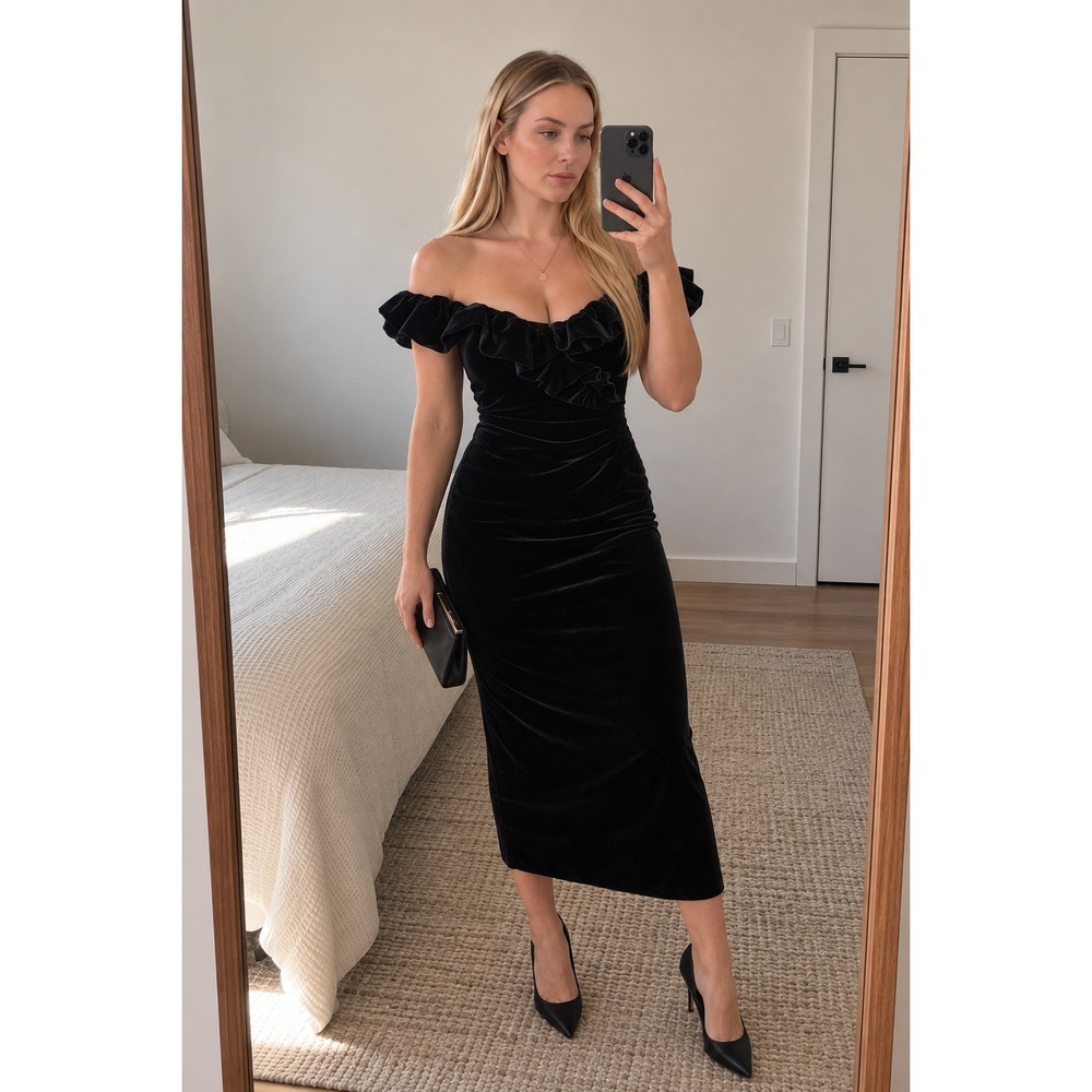 XSCAPE Velvet Off Shoulder Midi Dress Black Ruffle Ruched Cocktail Vamp Glam